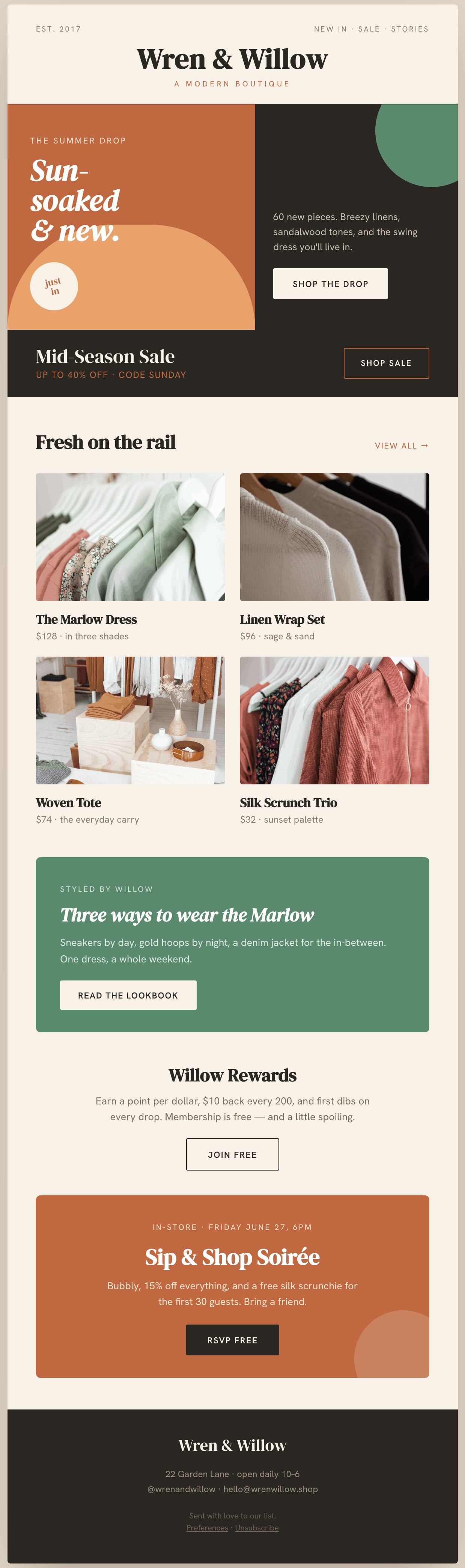 Wren and Willow boutique newsletter — summer arrivals, mid-season sale, lookbook and in-store event